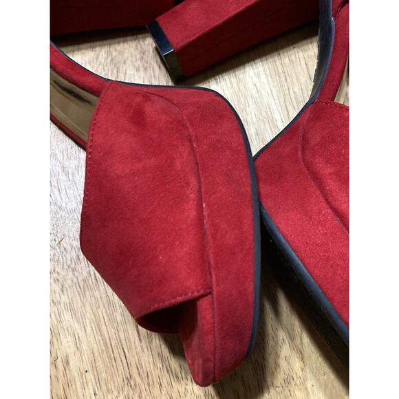 Womens High Block Heel Ankle Strap Open Toe Red Faux Suede Shoes Size 8.5 - Picture 5 of 14